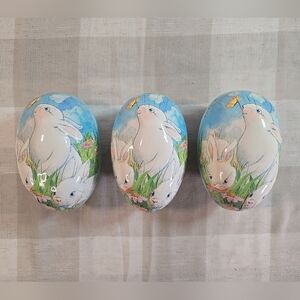 3 Vintage See's Candy Paper Mache Eggs Curious White Bunnies Flowers Easter Egg